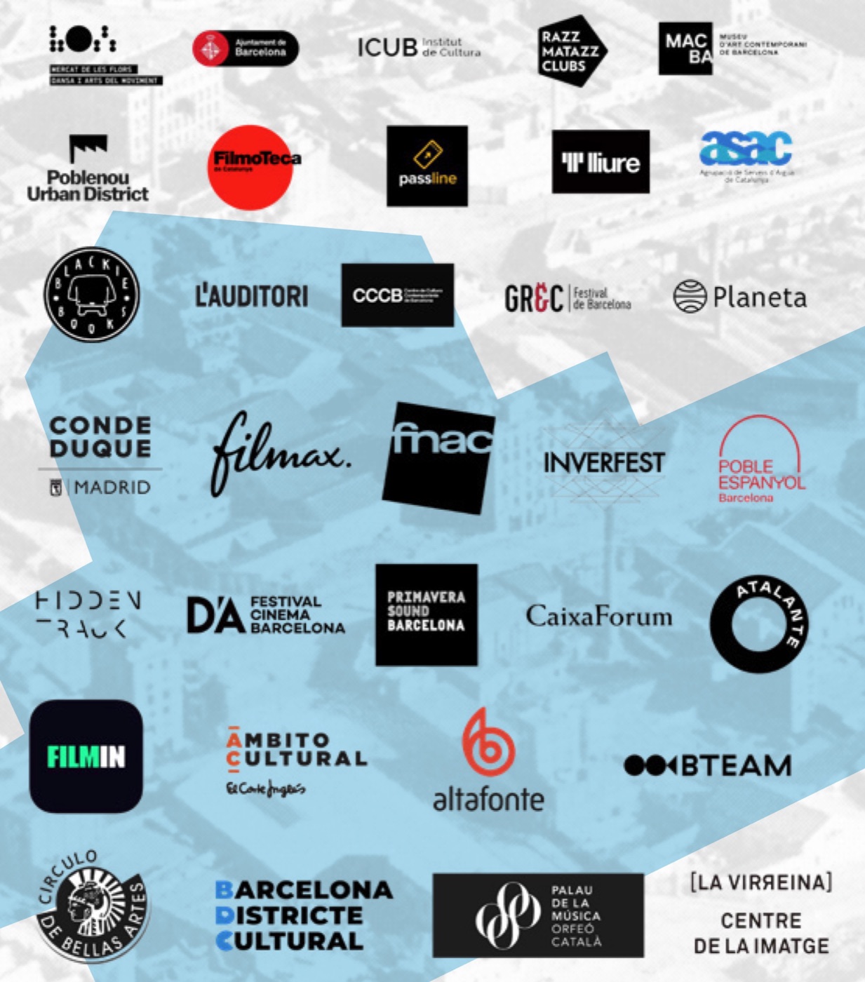 Logos de clientes de El Gato Producciones: Mercat de les Flors, Ajuntament de Barcelona, ICUB, Razzmatazz, MACBA, Poblenou Urban District, Filmoteca de Catalunya, Passline, Teatre Lliure, ASAC, Blackie Books, L’Auditori, CCCB, Festival Grec, Planeta, Conde Duque, Filmax, Fnac, Inverfest, Poble Espanyol, Hidden Track, D’A Festival, Primavera Sound, CaixaForum, Atalante, Filmin, Ámbito Cultural, Altafonte, BTeam, Círculo de Bellas Artes, Barcelona Districte Cultural, Palau de la Música Catalana y La Virreina